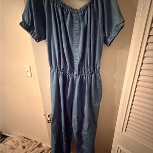 Love Light Blue Button-Front Off-Shoulder Jumpsuit